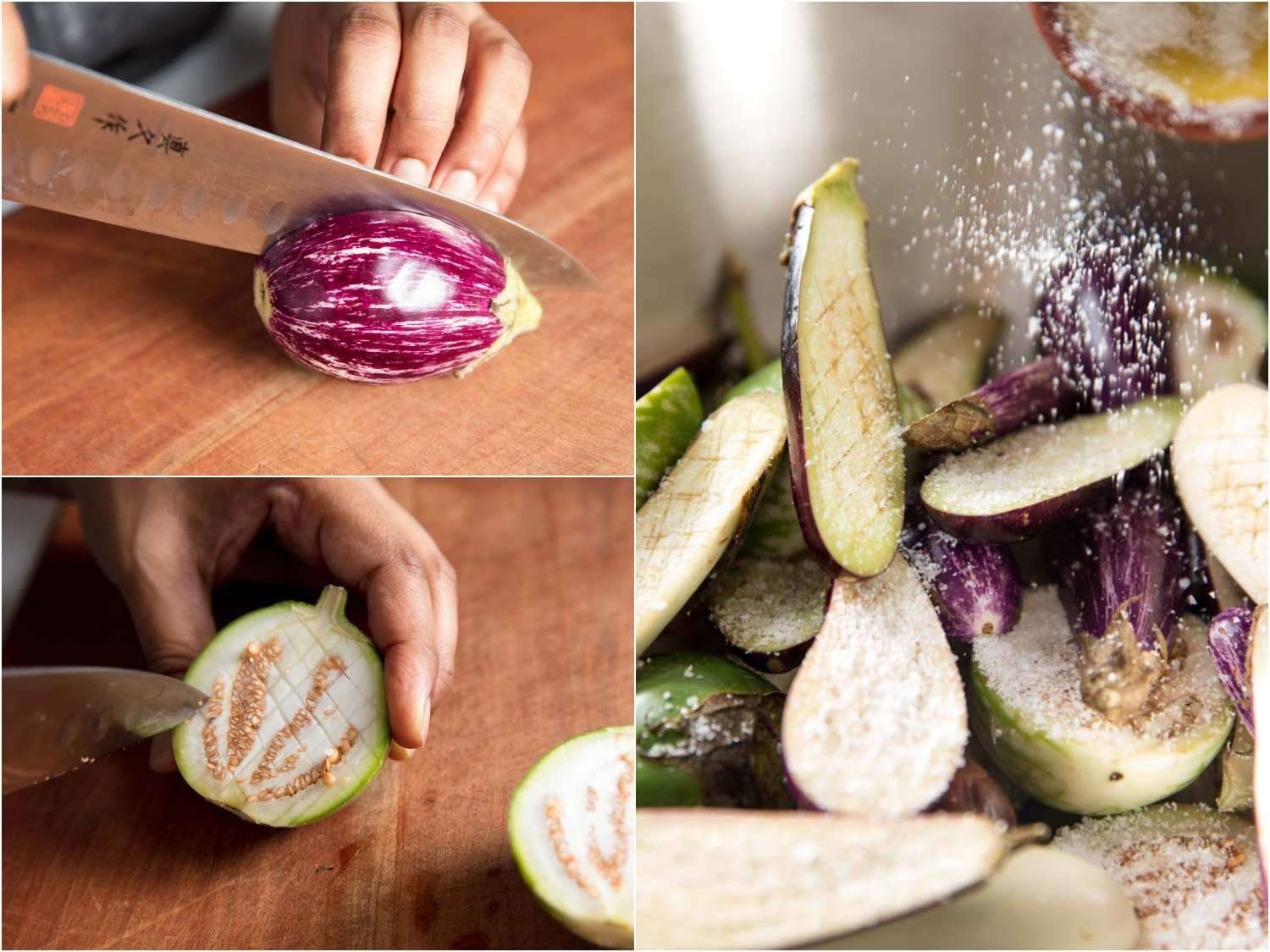 cutting eggplant in half, scoring, and salting