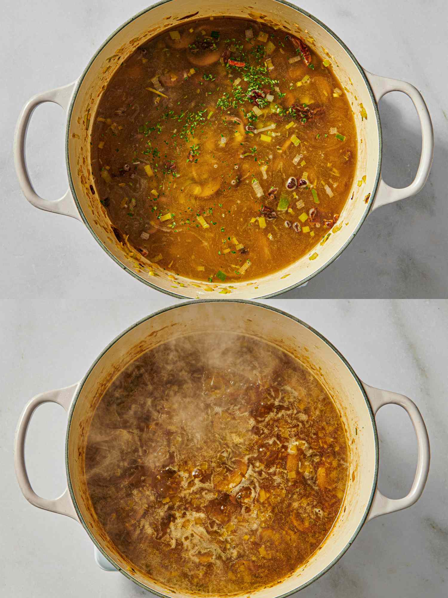 Two photos showing a pot of mushroom and dumpling soup one before adding dumplings and the other after simmering with steam rising