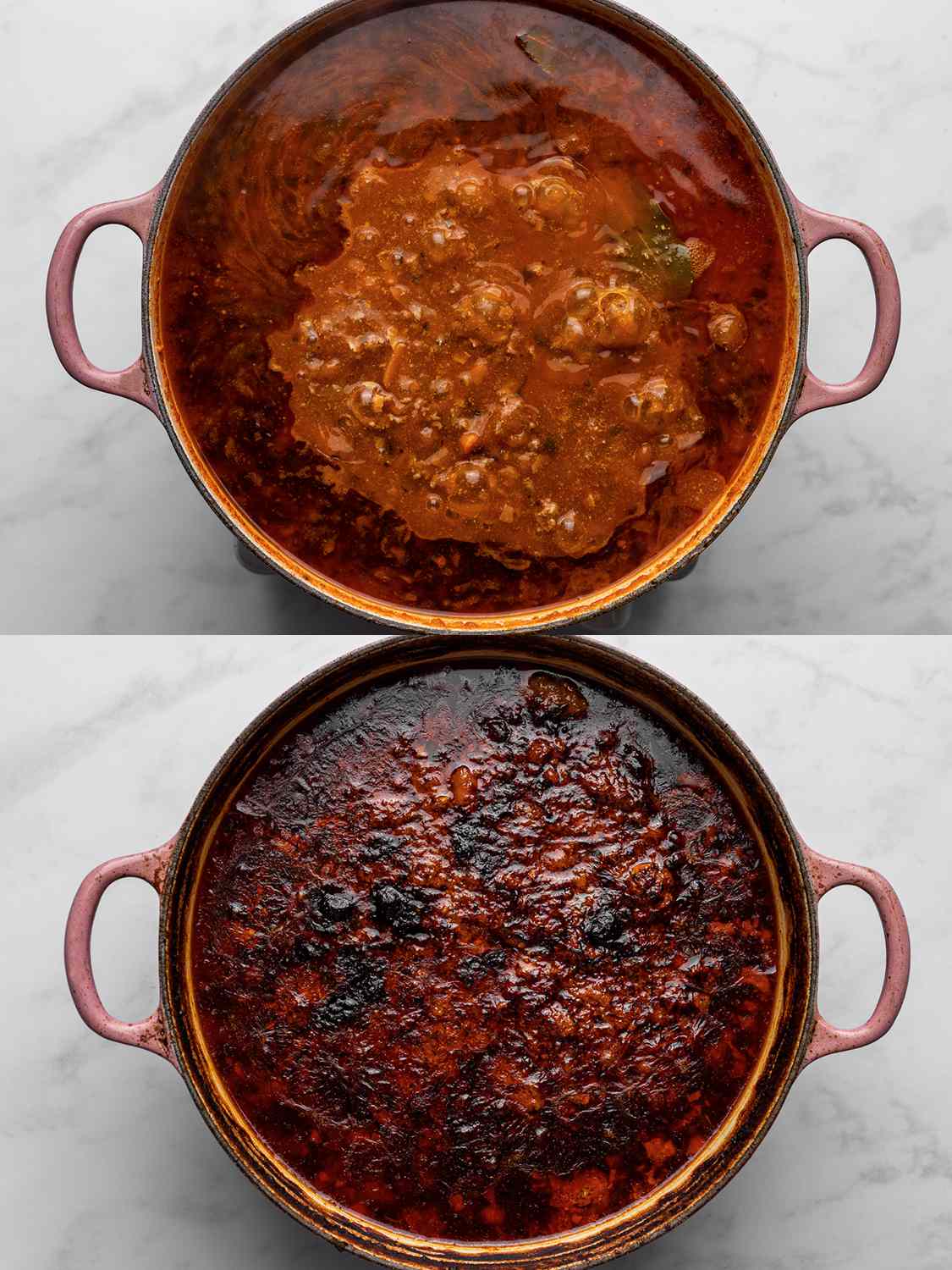 A two-image collage. The top image shows the sauce simmering inside the Dutch oven. The bottom image shows the sauce once the liquid has been almost completely reduced and sits underneath a thick and heavy layer of fat.