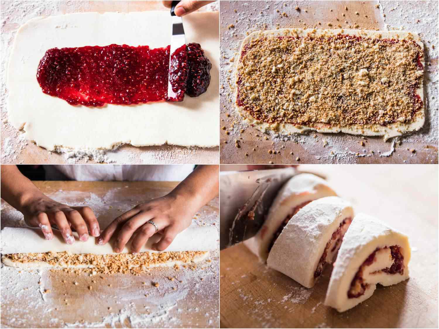 Collage of the rolled-out dough for sliced rugelach being spread with jam filling, topped with chopped nuts, rolled up, and sliced into isosceles trapezoids.