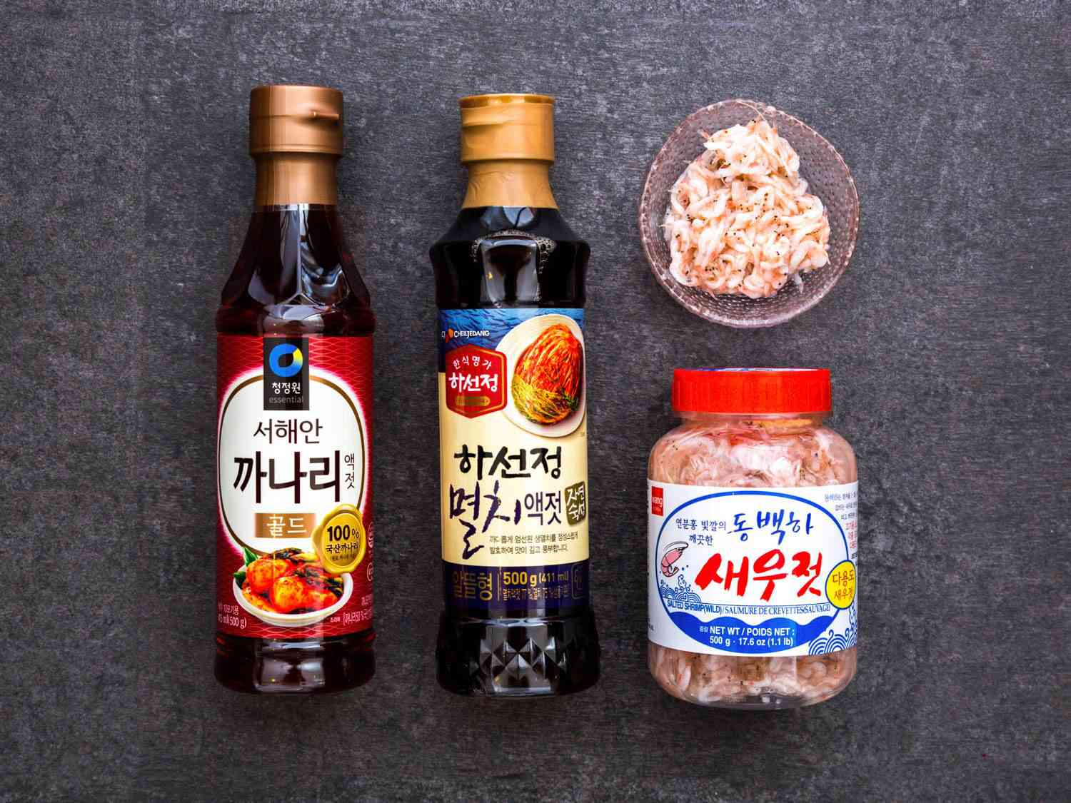 From left to right: sandlance, anchovy, and shrimp jeot.