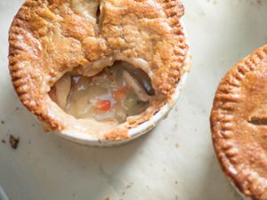 Top down view of a double-crusted chicken pot pie. 