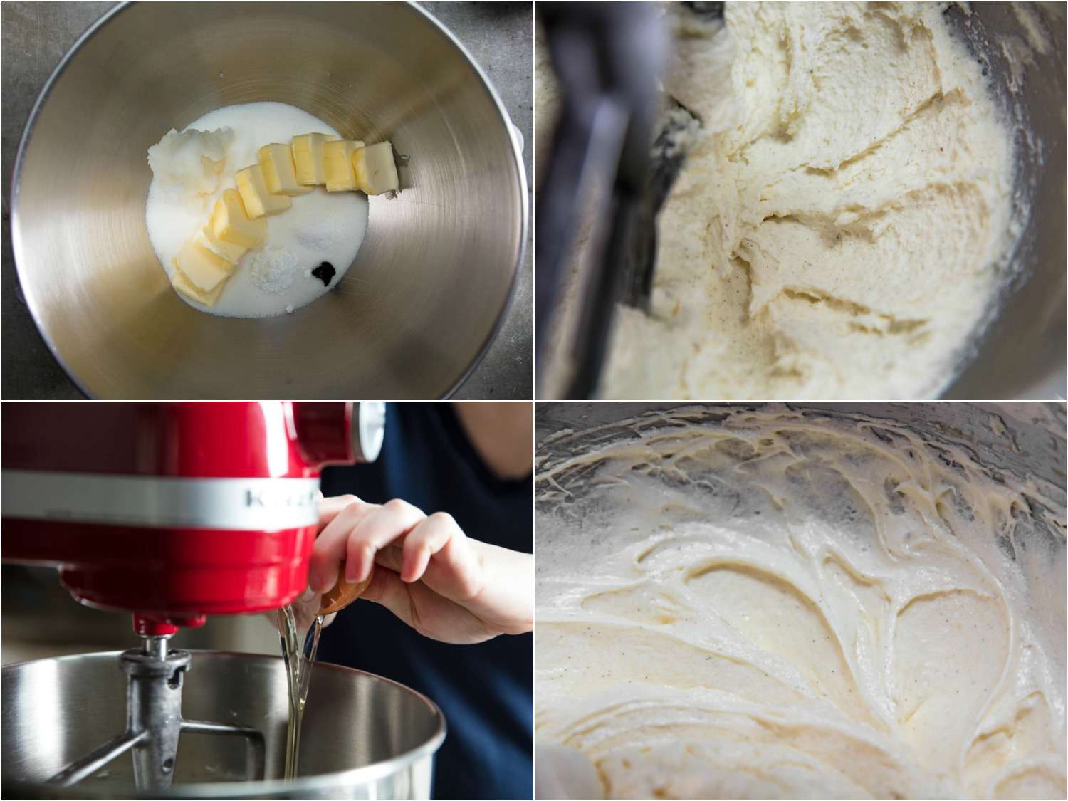 A collage of adding sliced butter and sugar to a stand mixer bowl, then creaming it until light and fluffy.