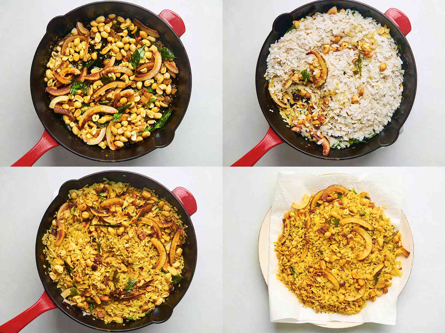A four-image collage. The top left image shows cashews, peanuts, golden raisins, and coconut slices added to the cast-iron skillet over low heat. The top right image shows theÂ flattened rice added to the skillet. The bottom left image shows the flattened rice thoroughly coated with flavored oil inside skillet. The bottom right image shows the golden brown flattened rice mixture spread on a paper-towel lined plate.