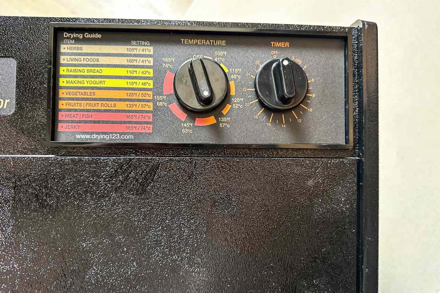 The display panel of the Excalibur food dehydrator, including temperature and timer dials.