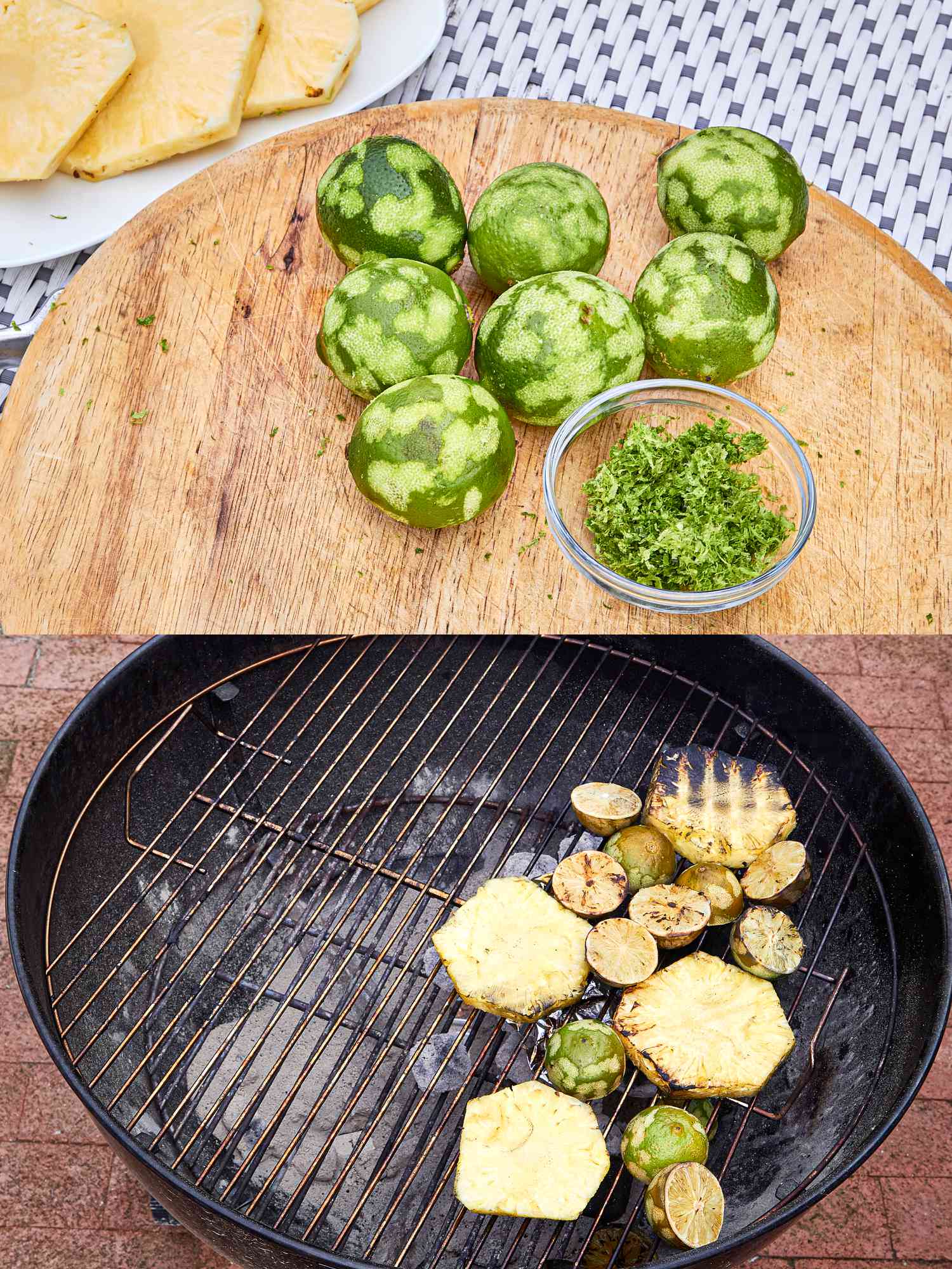 2 image collage. Top: zested limes on a wooden board and lime zest in a small bowl. Bottom: pineapples and limes grilling on bbq 