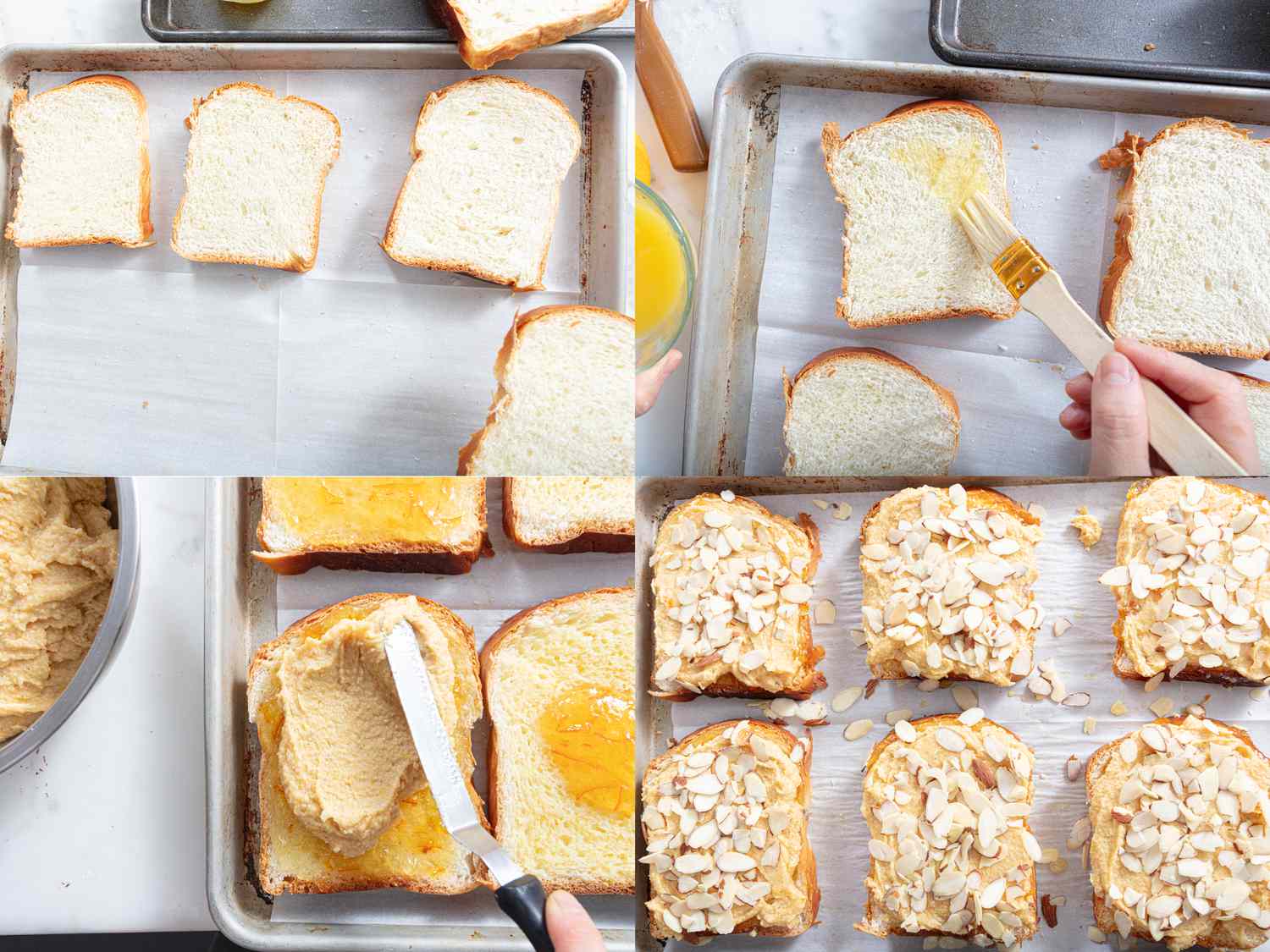4 image collage. Top left: placing sliced bread on sheetpan. Top Right: brushing bread with butter. Bottom left: Spreading almond paste on bread. Bottom Right: covering bread with sliced spinkles