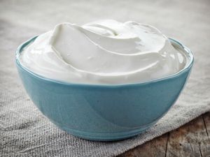 A small blue bowl full of sour cream. 