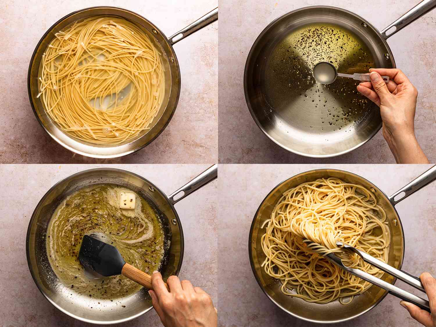 A four-image collage. The top left image shows pasta being cooked in a scant amount of water inside of a large stainless steel skillet. The top right image shows the olive oil and pepper from step 1 having a tablespoon of starch-rich pasta cooking water being added to it. The bottom left image shows a pat of butter being stirred into the skillet containing the olive oil and water. The bottom right image shows the cooked pasta being added to the oil, water, and butter skillet, and being tossed together with a pair of metal tongs.