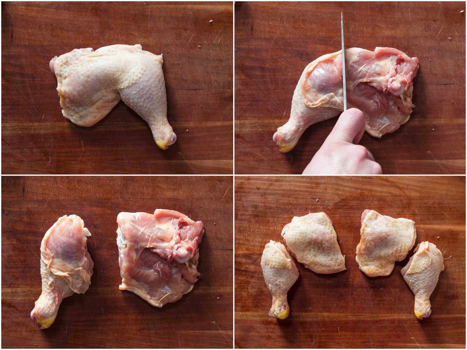 Process shots of separating thigh from drumstick