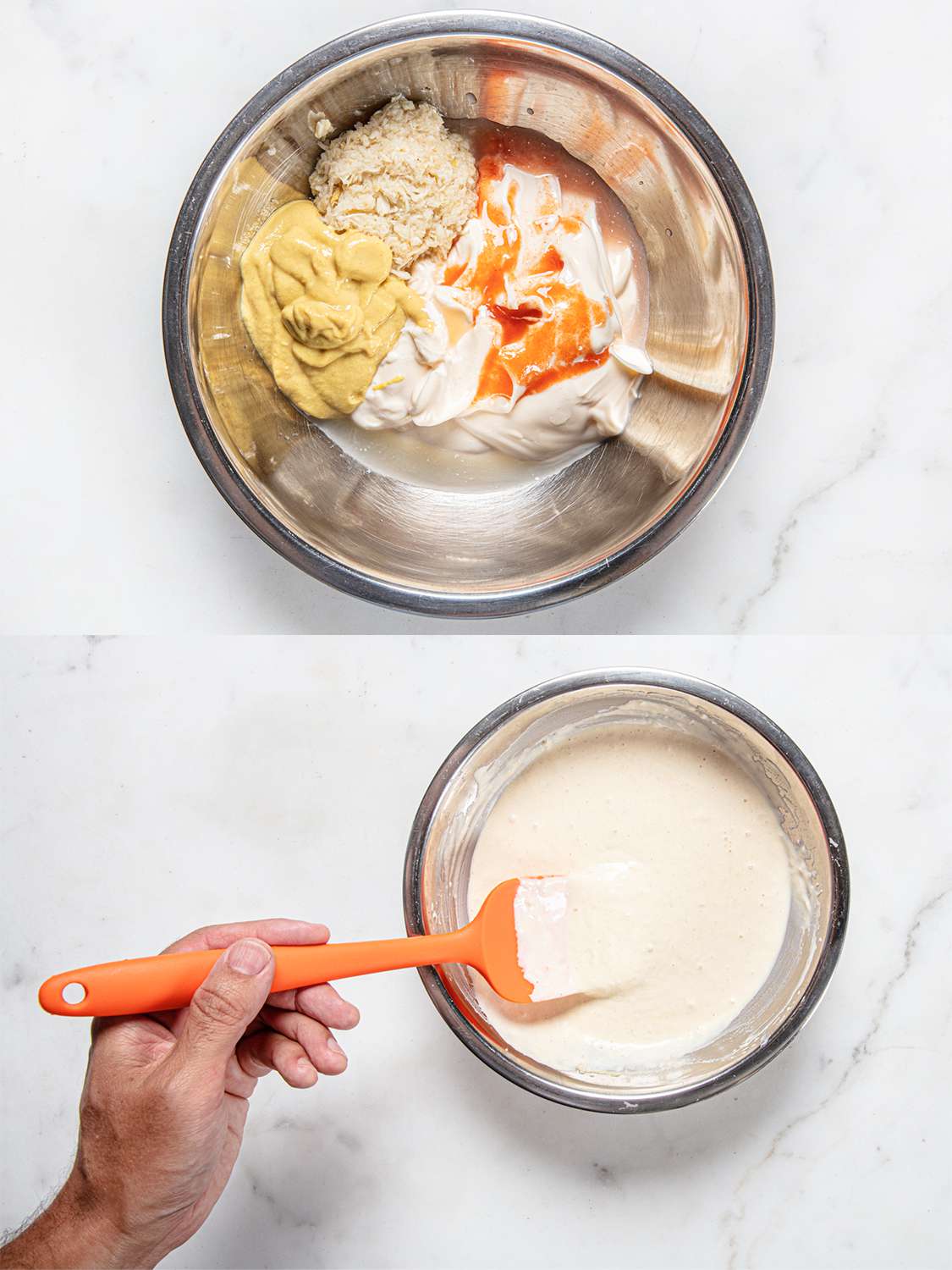 Two image collage. Top image: ingredients unmixed in a metal bowl. Bottom image: Hand mixing dip with an orange rubber spatula.