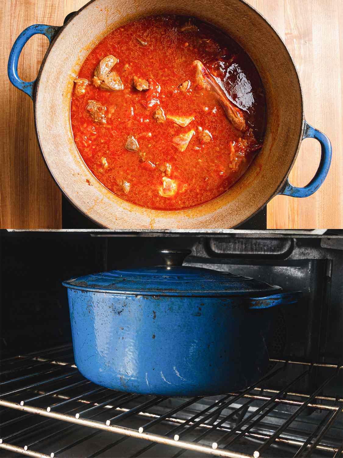 Two image collage. Top: lamb and tomatoes added to onion mixture. Bottom: Dutch oven placed into the oven. 