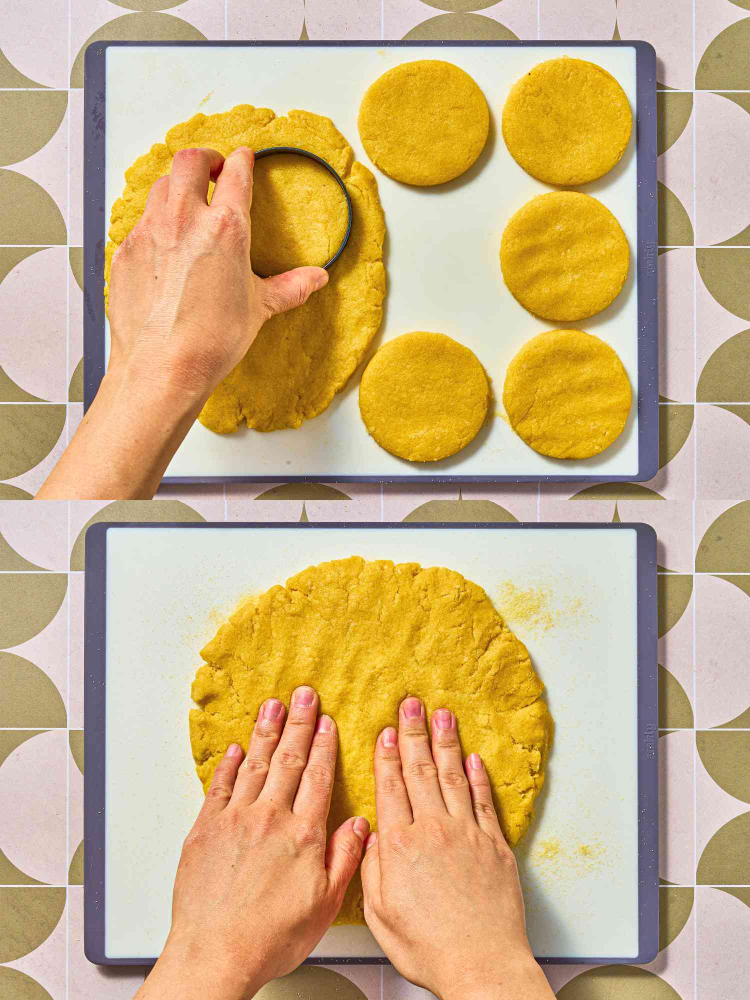 Two stacked overhead images of cutting out circles of dough and flattening dough