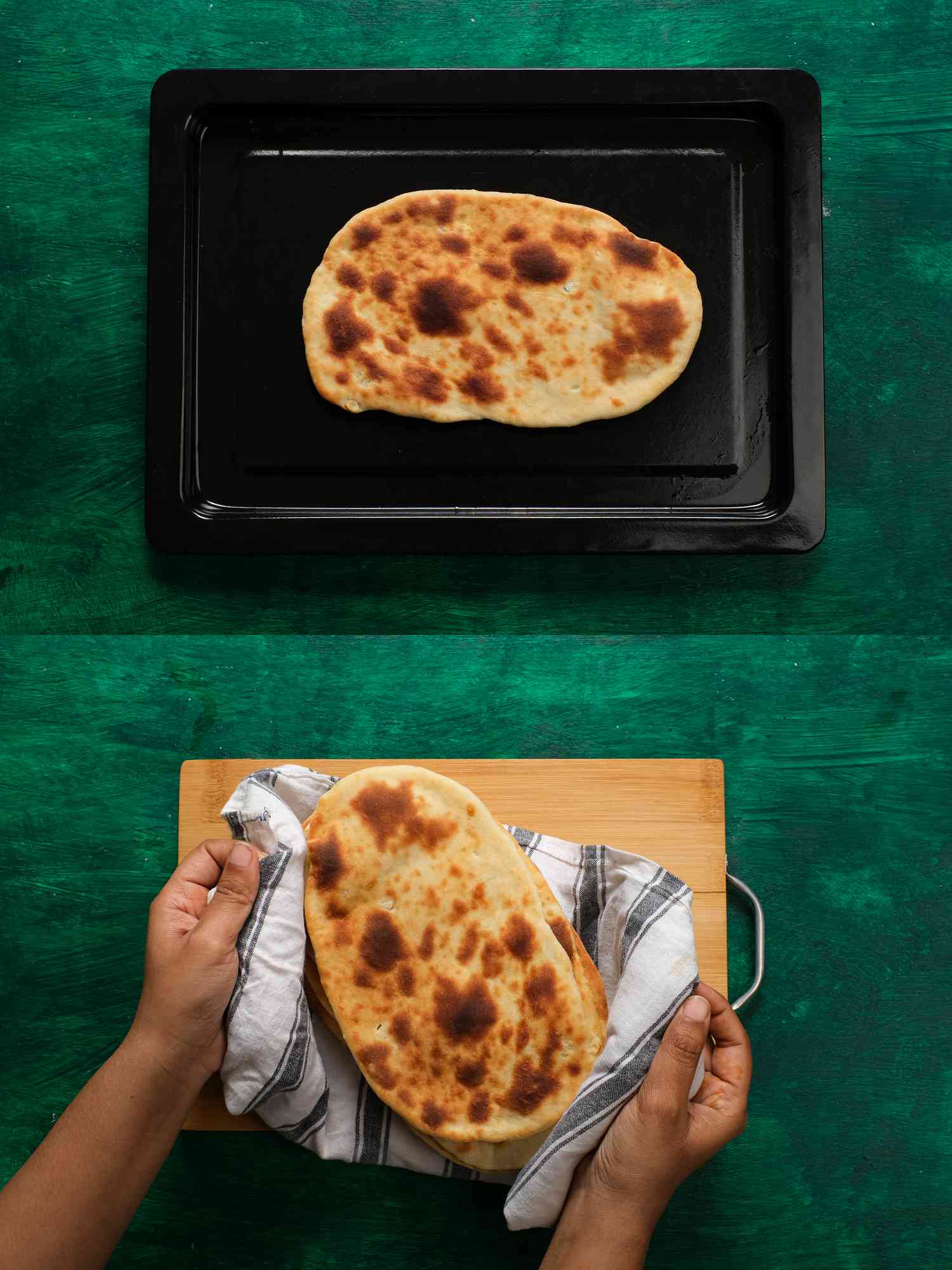 2 image collage. Top: cooked naan on heat. Bottom: Naan wrapped together in striped towel on wooden board 