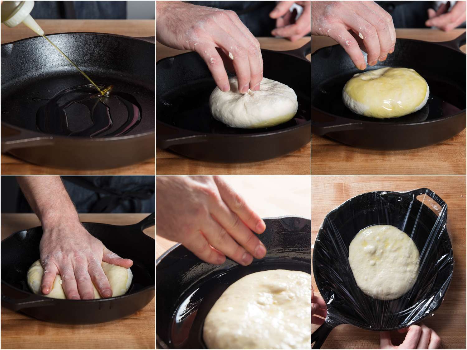 Collage of pizza dough being coated in oil in cast iron pan and covered with plastic wrap for proofing.