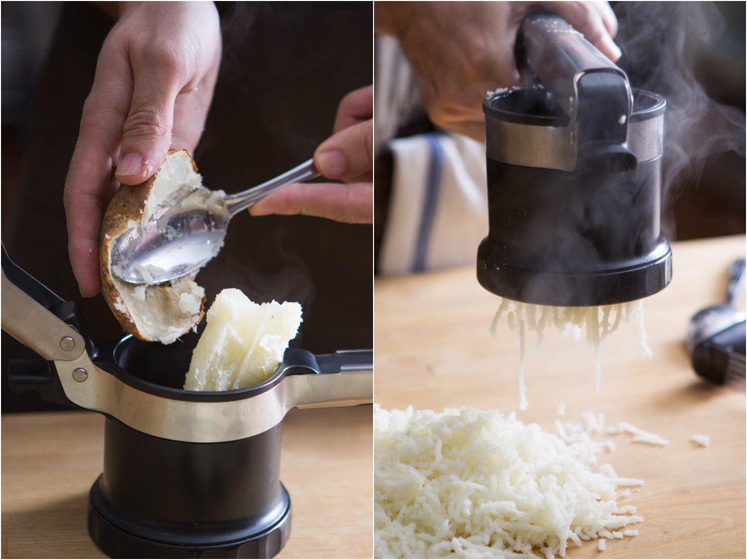 A potato ricer processing boiled potatoes.