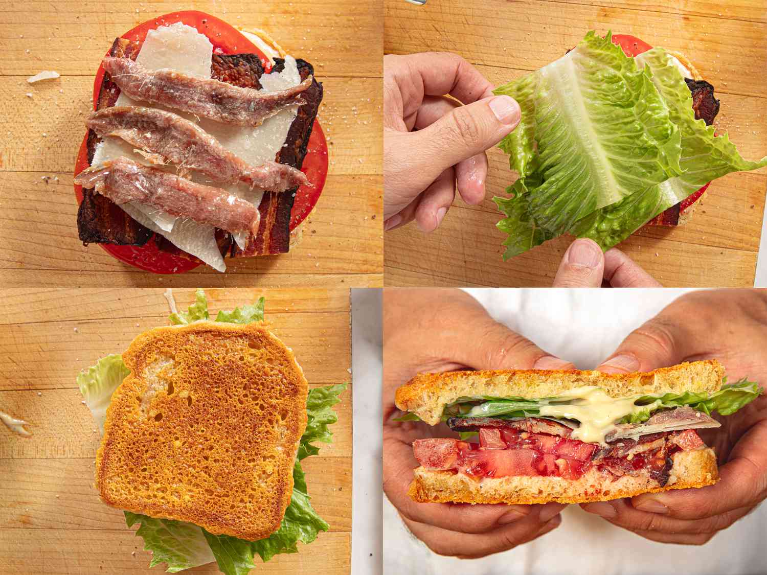 Building the Caesar BLT with Parmesan shavings, anchovies, lettuce, and toasted Parm bread