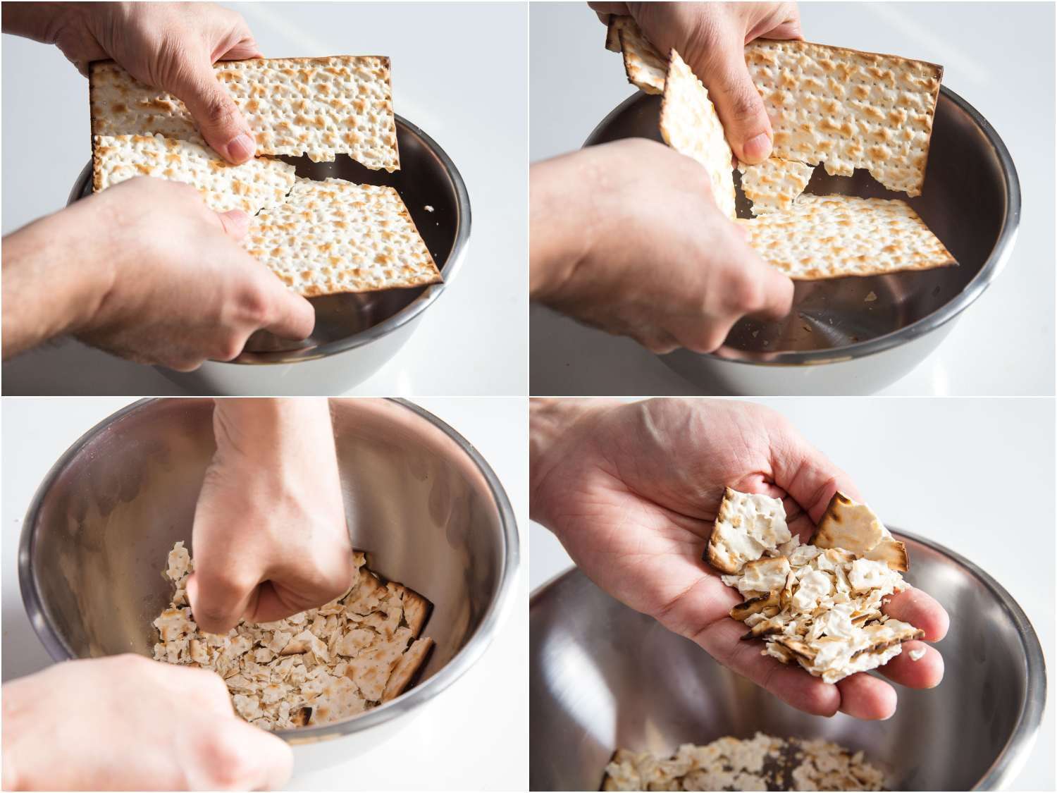 Breaking up matzo into irregular size pieces for matzo pancakes