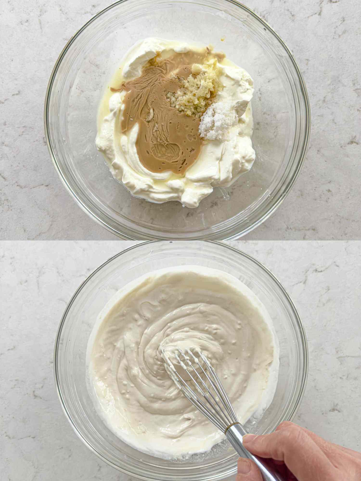 Steps in mixing ingredients for a creamy sauce showing a bowl with yogurt tahini and seasonings being whisked together