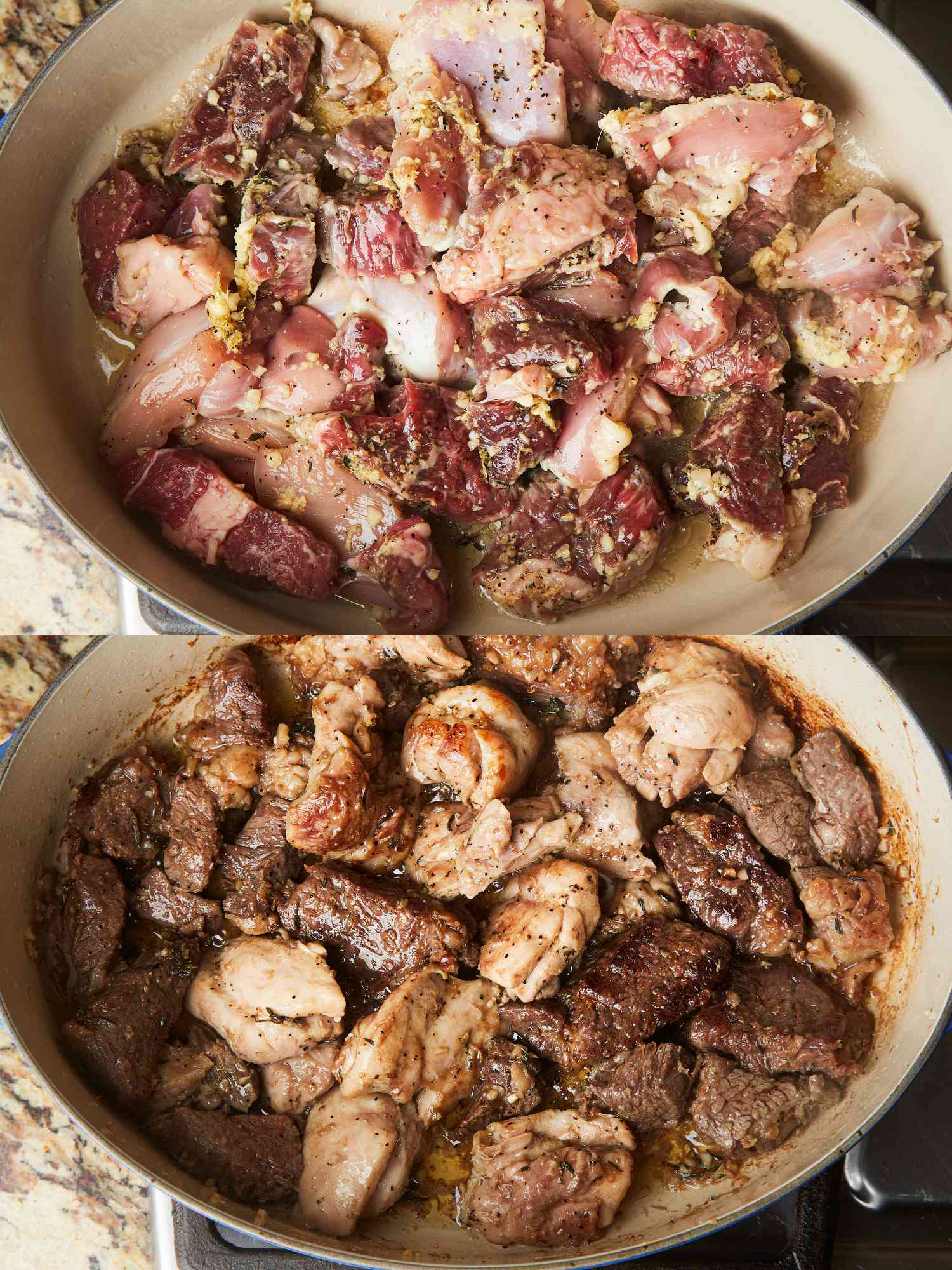 Overhead view of meat cooking