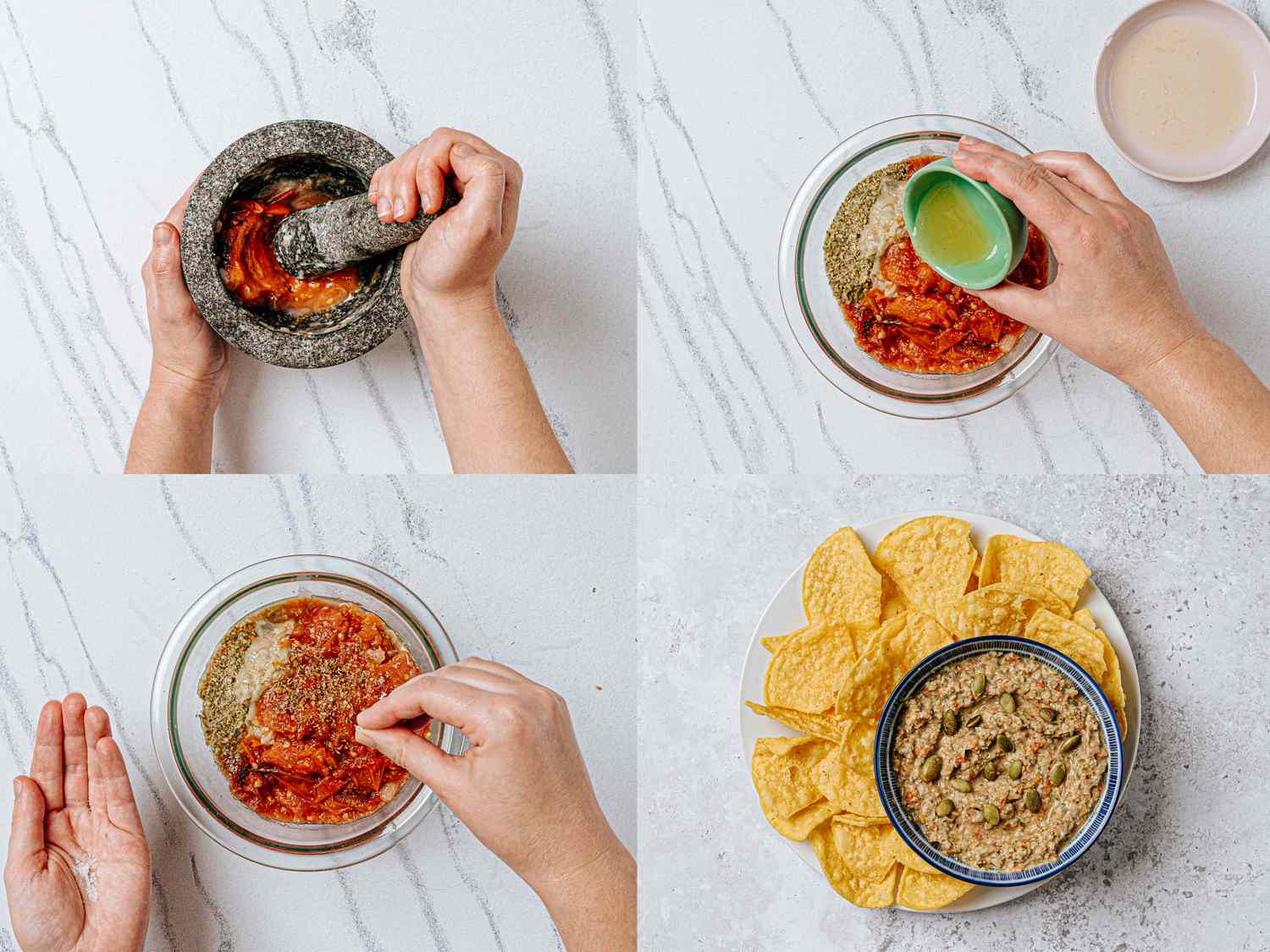 Stepbystep process of preparing a dip with ingredients mixed shown placed alongside tortilla chips
