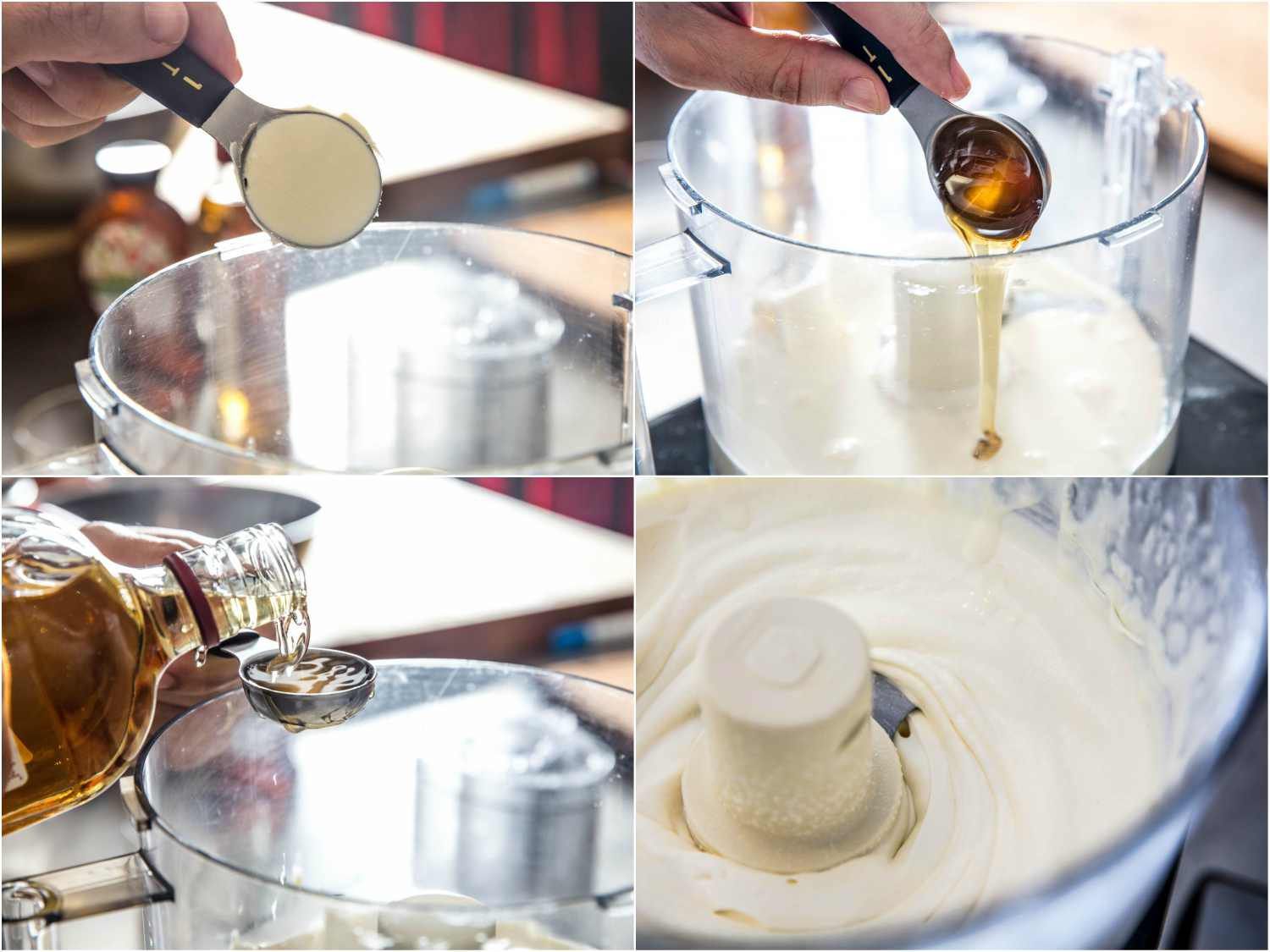 A 4-image collage: adding mascarpone, honey, Scotch to the bowl of a food processor containing cream, and whipping the cream until smooth and fluffy in a food processor.