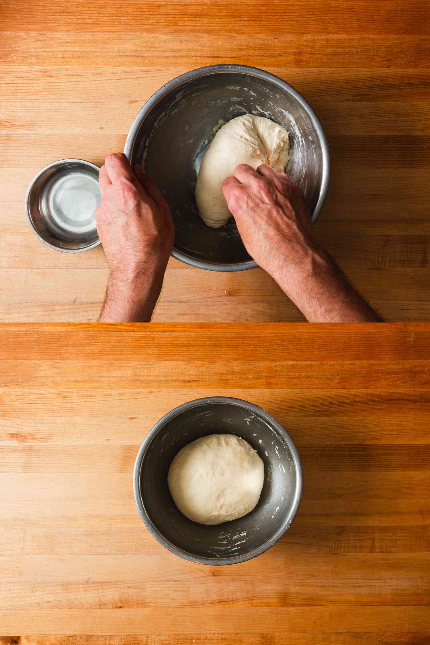 Two image collage of kneading dough and it proofing in bowl