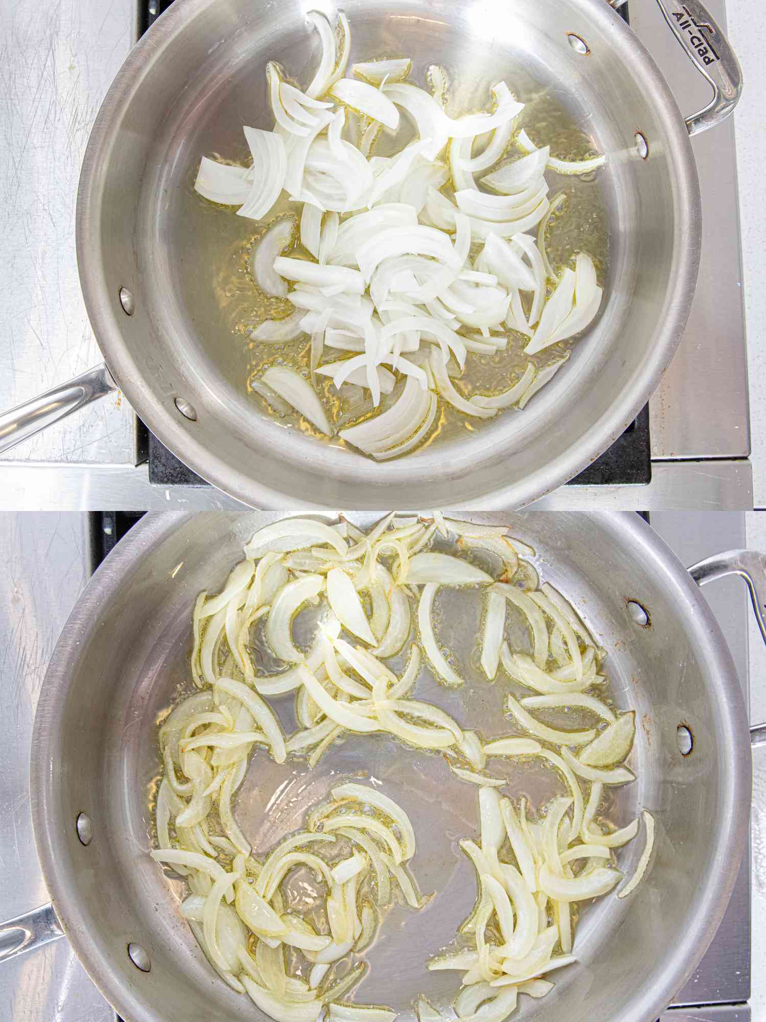 Two image collage of onions browning