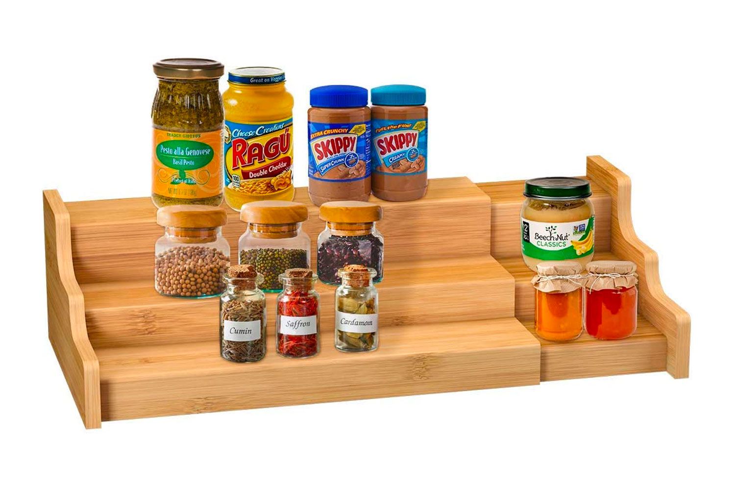 Spice Rack Kitchen Cabinet Organizer- 3 Tier Bamboo Expandable Display Shelf