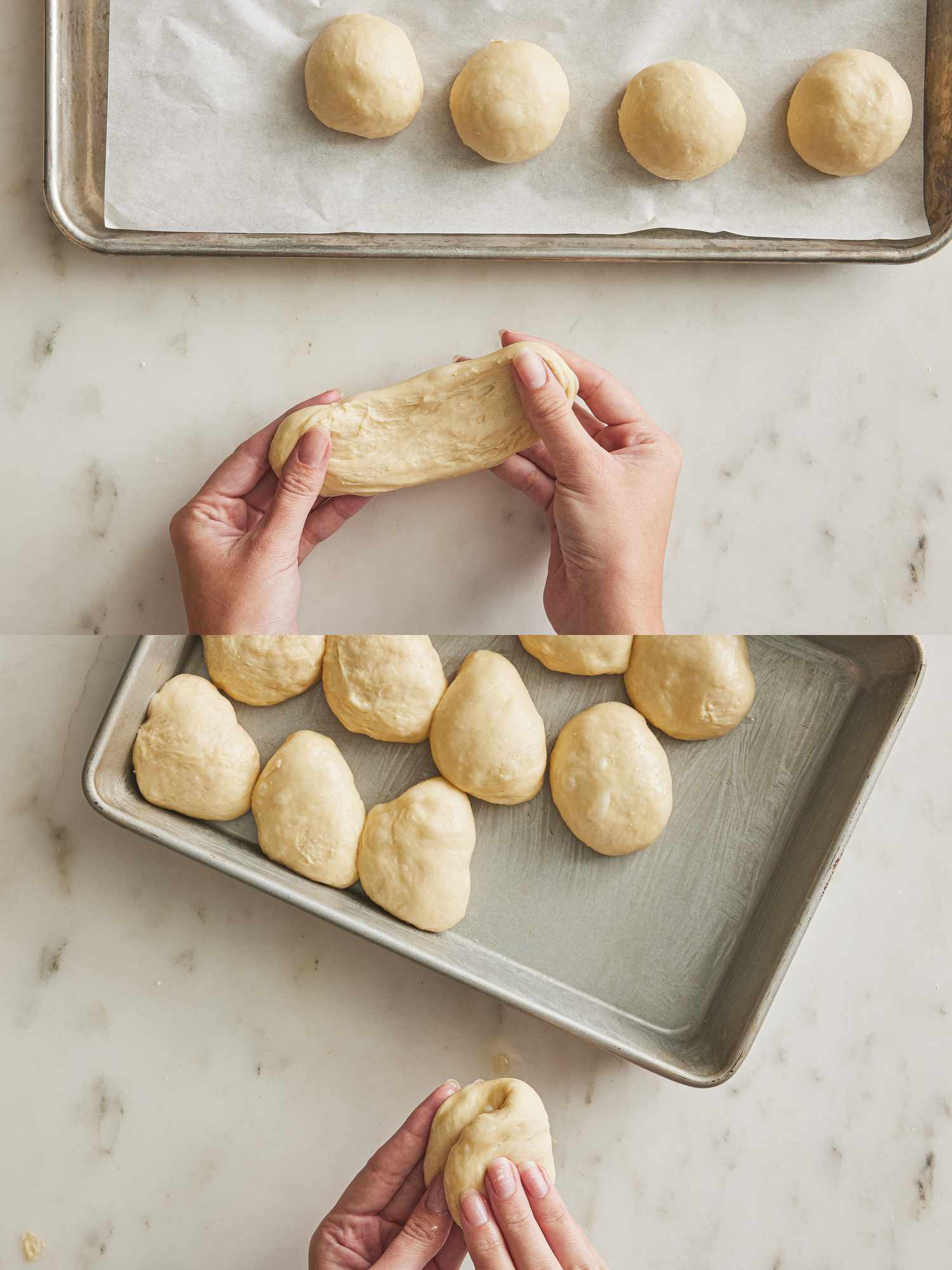 2 image collage. Top: stretching dough portions out, with dough balls in on a parchment paper covered sheet pan. Bottom: folding dough in half and replacing on a sheet pan