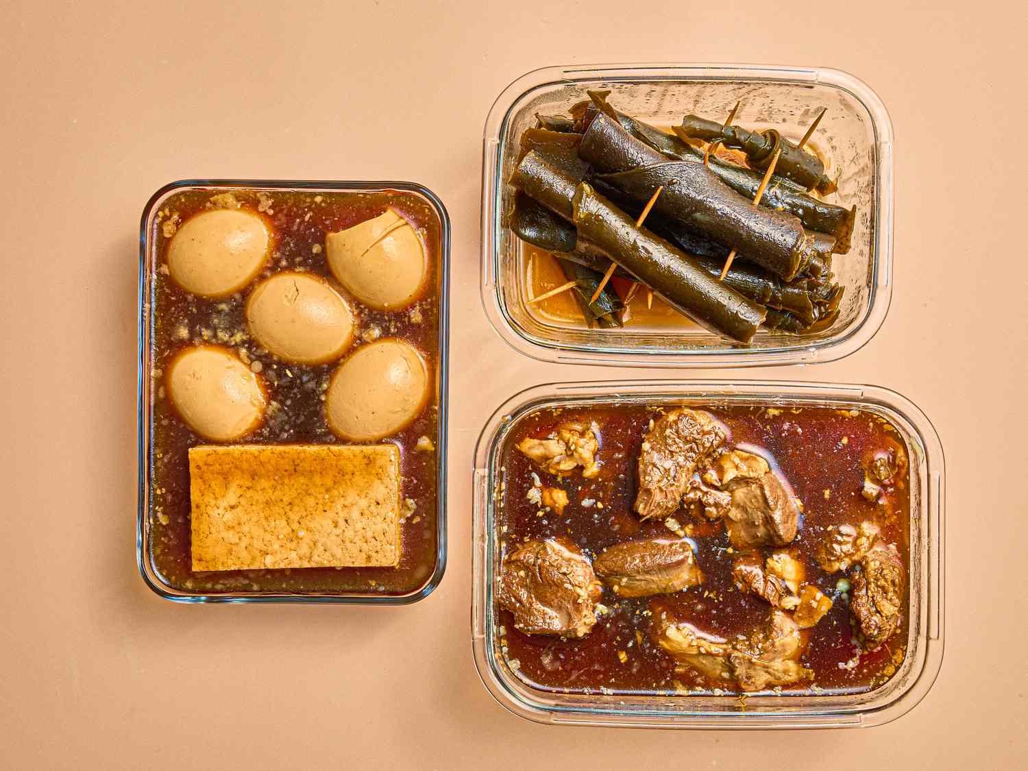 Overhead view of refrigerated cooked ingredients