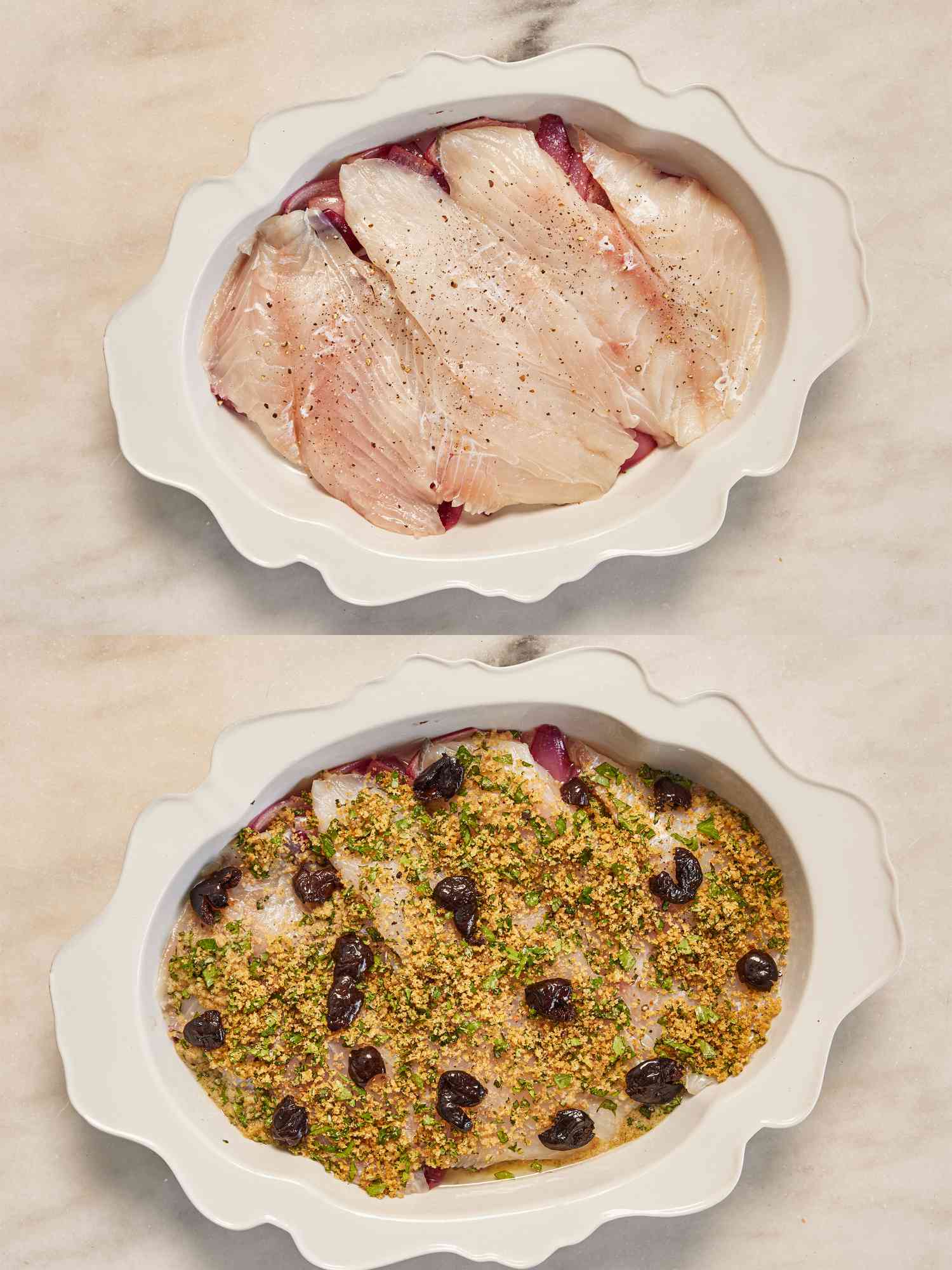 Two image collage of fish layered over onions in baking dish and breadcrumbs and olives added to top