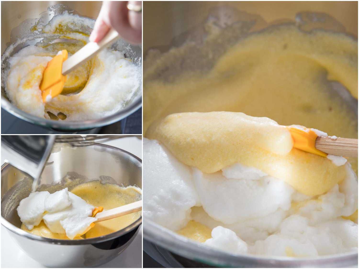 A 3-photo collage showing how to fold egg whites into an egg yolk-cheese mixture for a soufflé omelette.