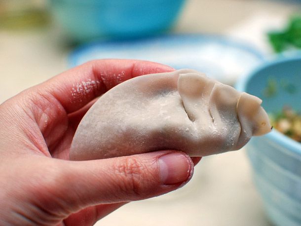 Hand holding a crescent shaped filled dumpling with half of the edges pleated towards the center.