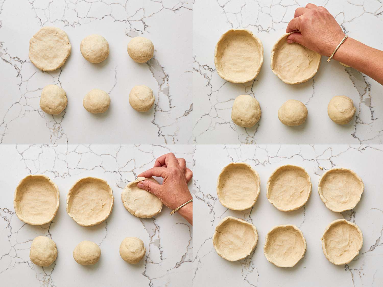 Collage of shaping the 6 balls of masa dough into sopes.