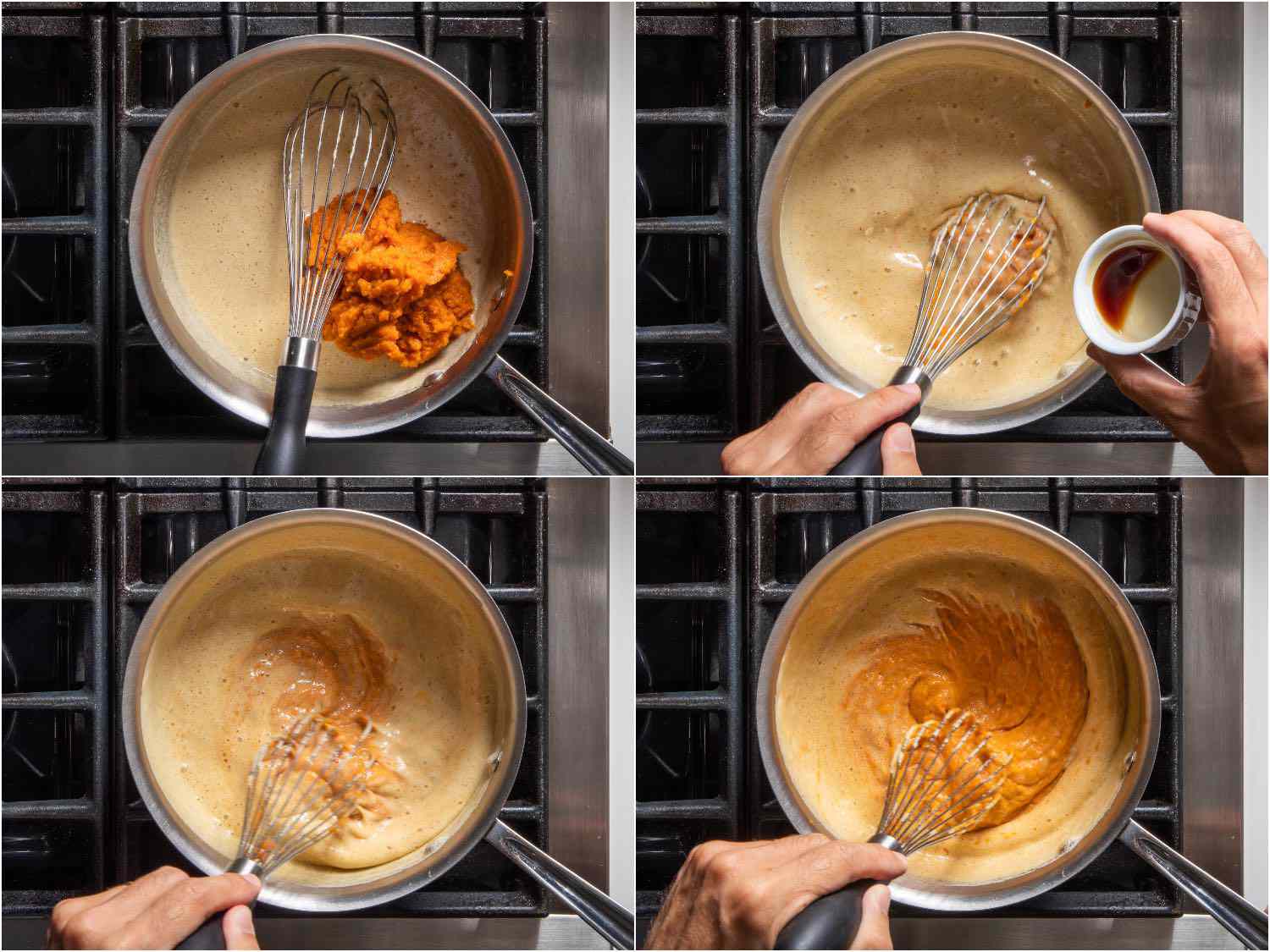 Collage showing squash purÃ©e and vanilla extract being whisked into custard mixture for pumpkin chiffon pie