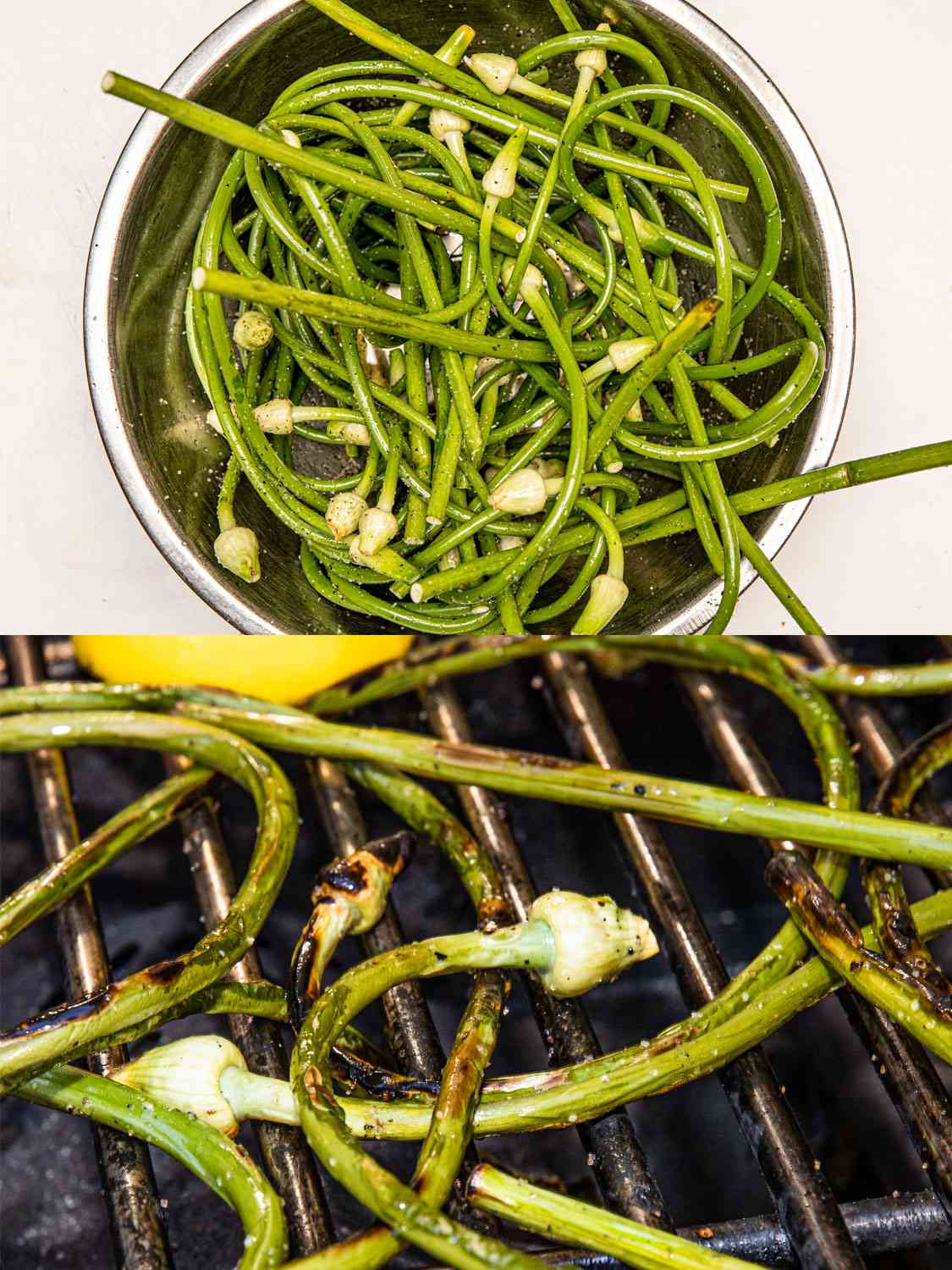 Two Image Collage. Top: Garlic Scapes tossed in olive oil and salt in a metal bowl. Bottom: Garlic Scapes on the grill