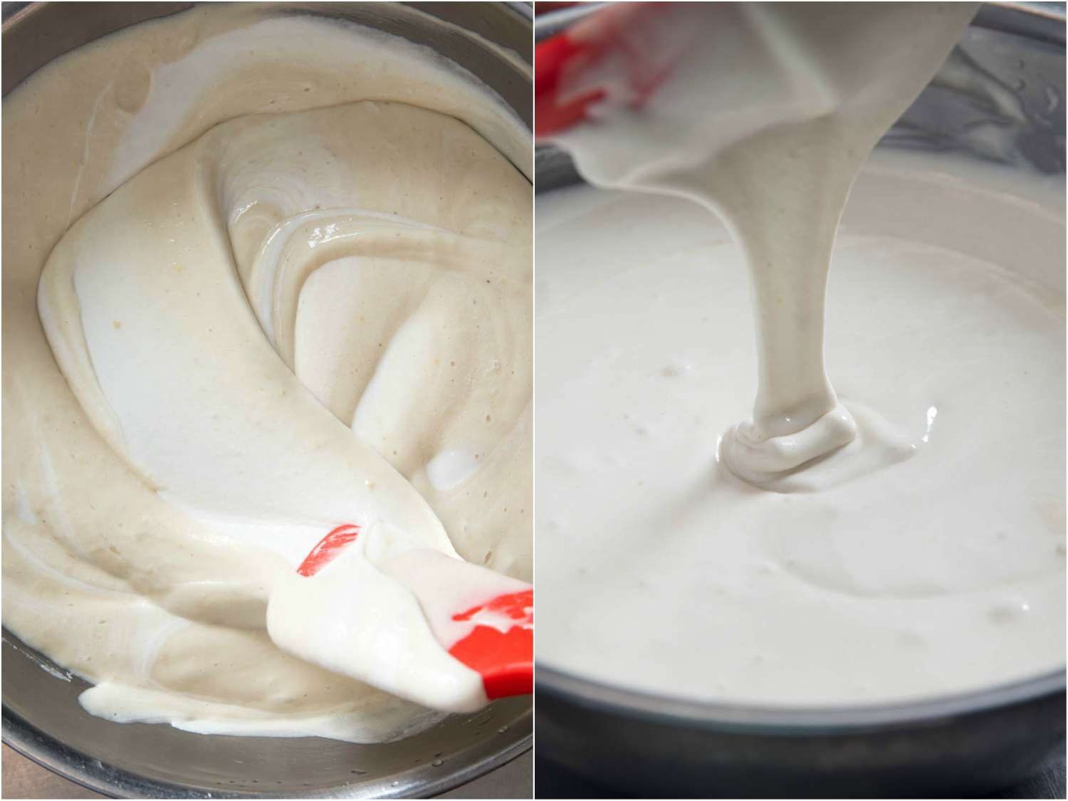Collage of two photos: batter being swirled with a spatula in a metal pan, and batter drizzling from the end of a spatula.