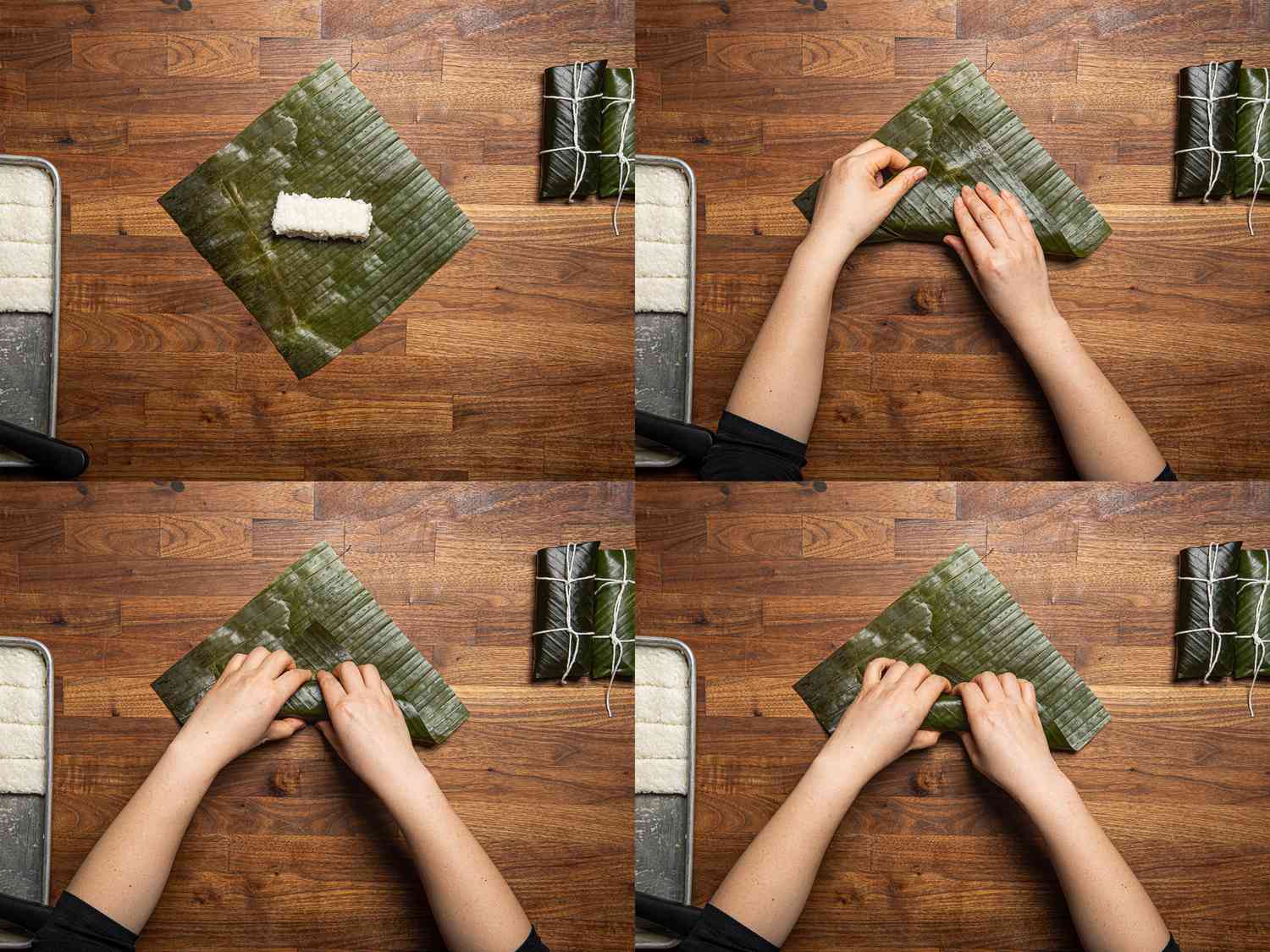 Four image collage of rice cakes placed on banana leaf then folding the bottom point over and tucking the rice cakes securely