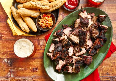 Overhead view of jerk pork on a platter