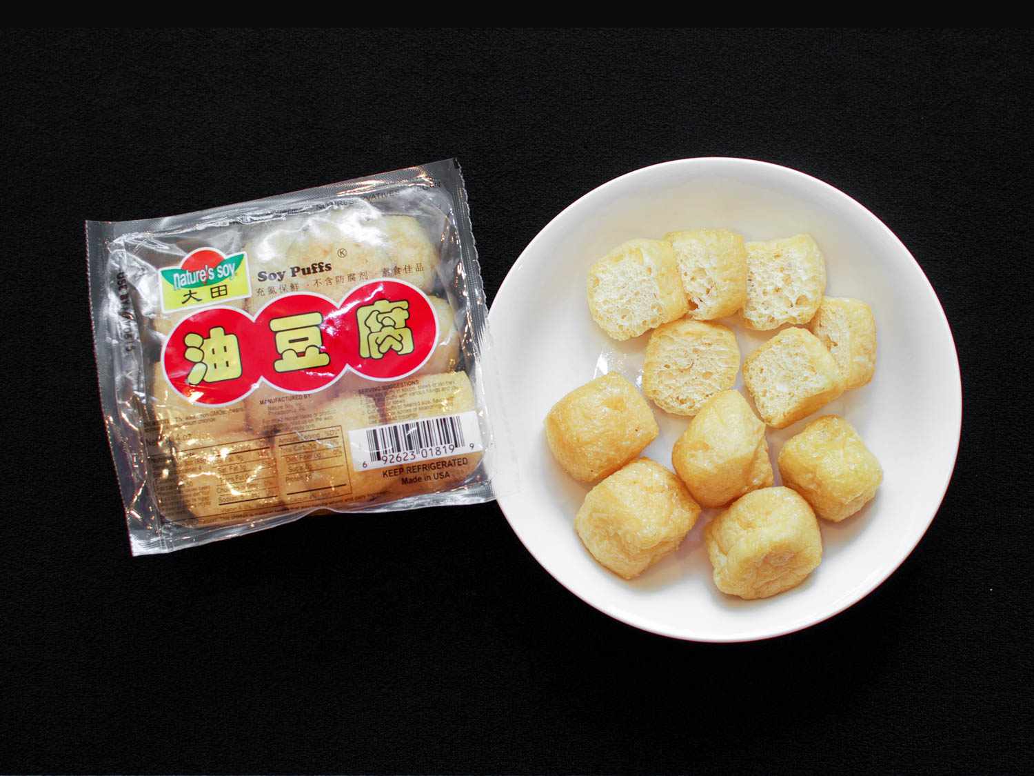 Tofu puffs in a package and on a plate.