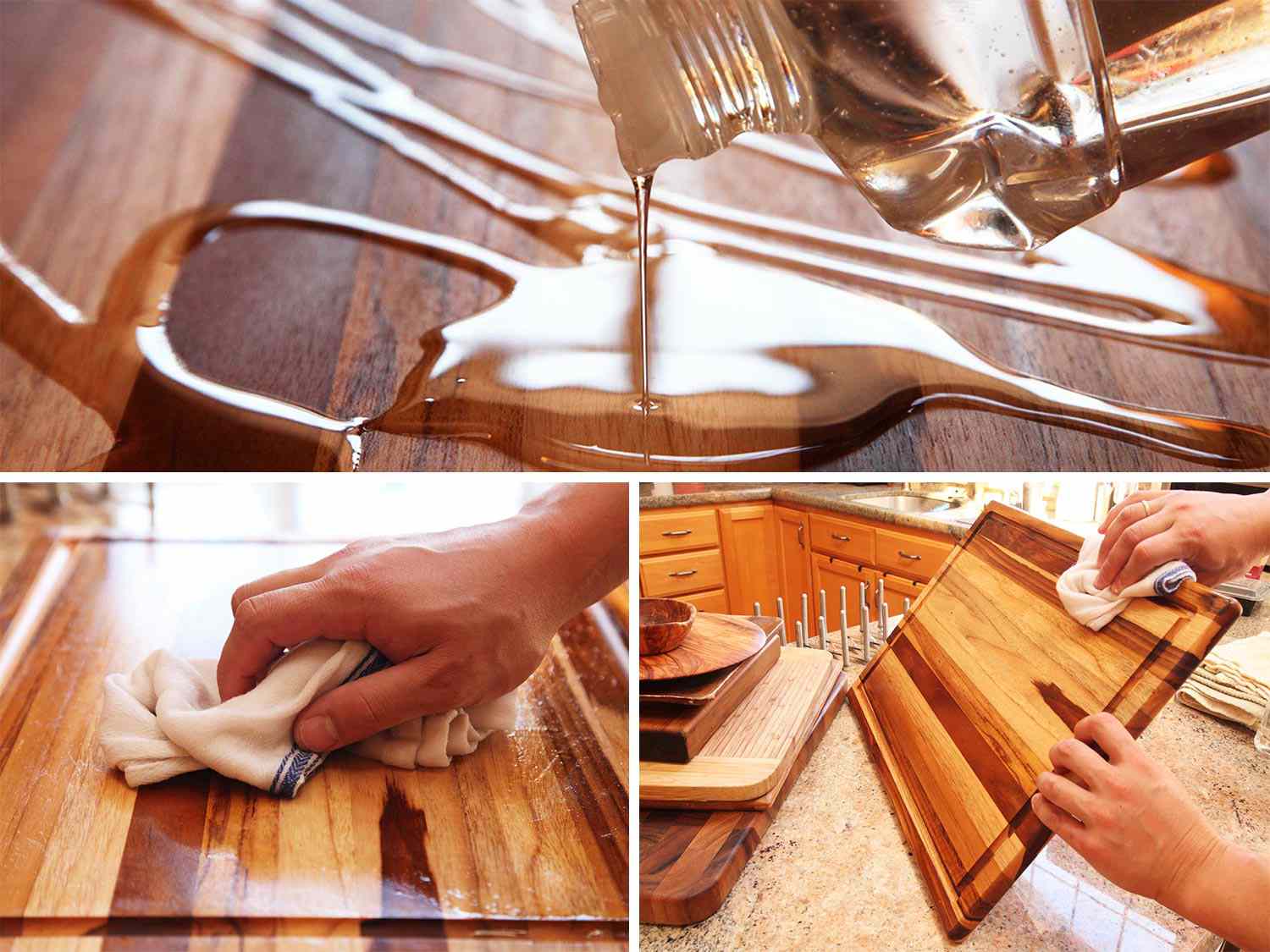 Three images depicting mineral oil being applied to a cutting board and rubbed in with kitchen towel.