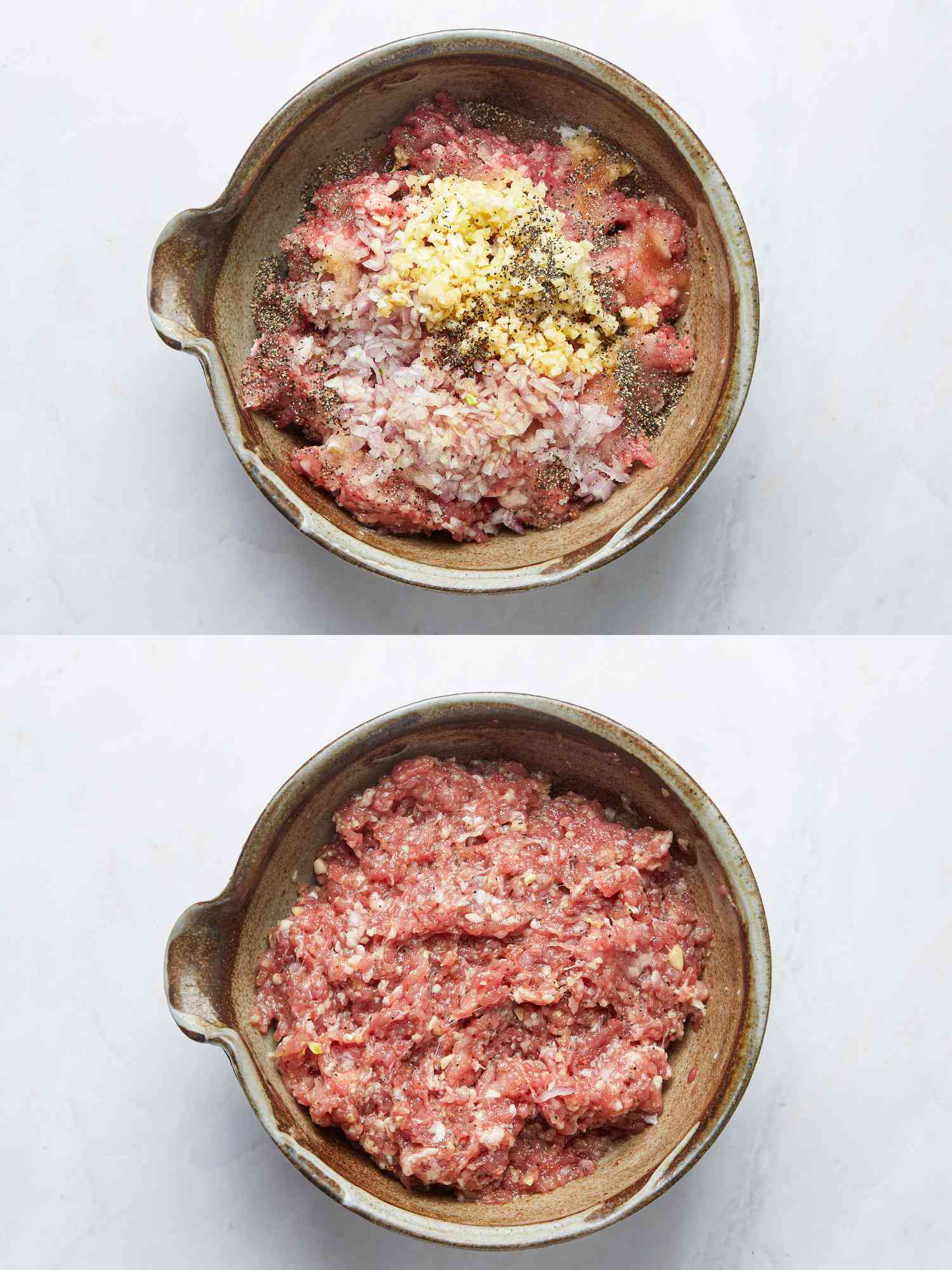 Two image collage of pork mixture before and after being combined
