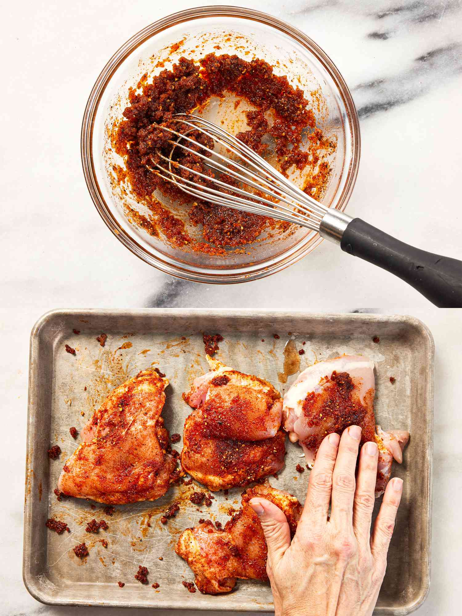 Two image collage of mixing spices and covering chicken