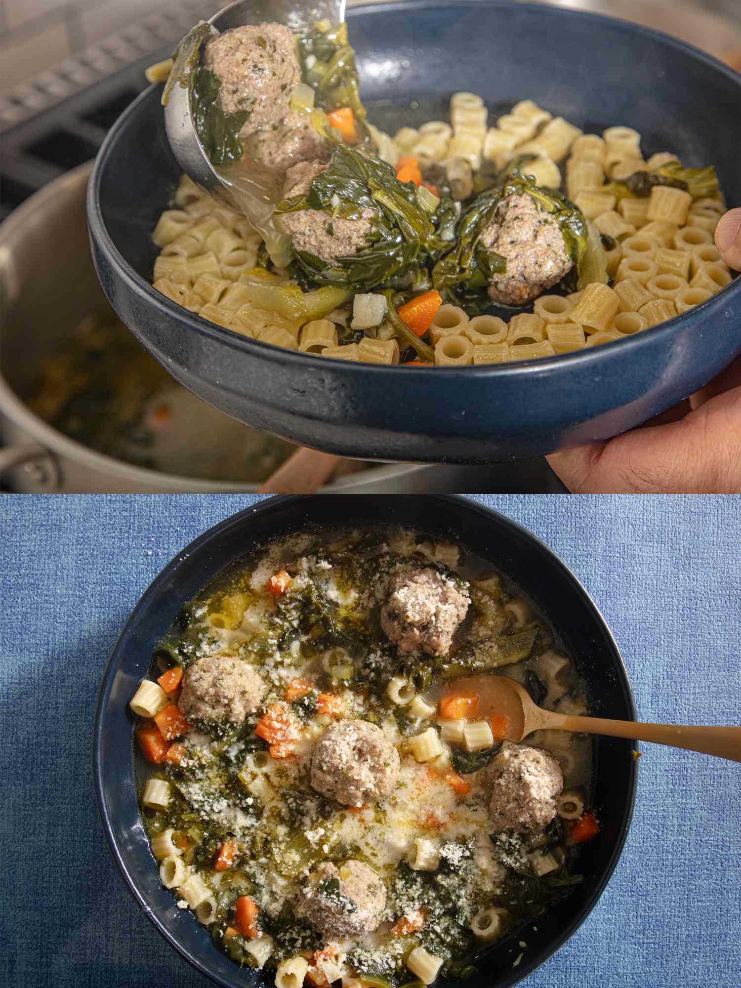 Two views of Italian wedding soup one being ladled into a bowl and a prepared bowl with soup meatballs and vegetables