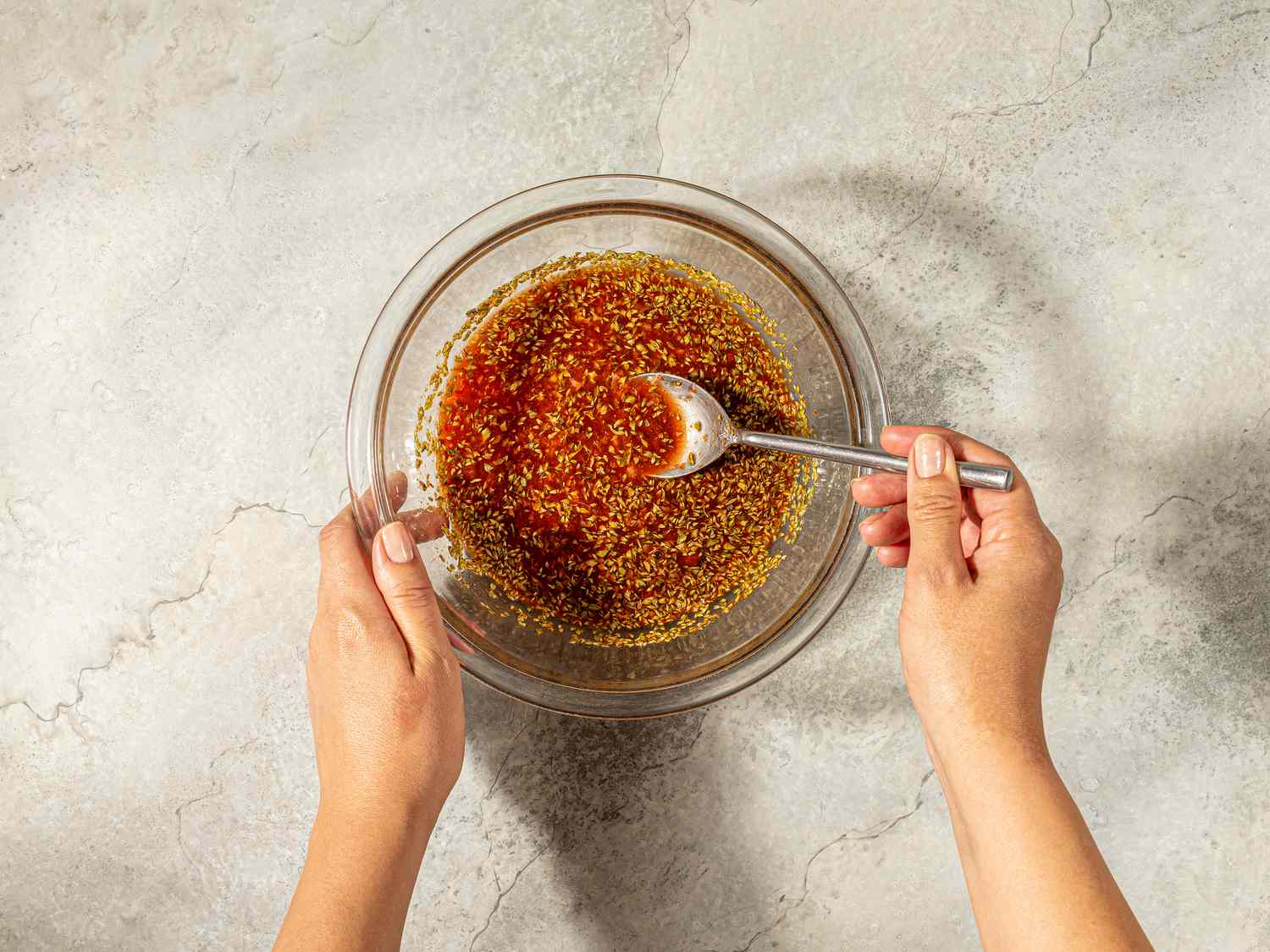 Overhead view of mixing spices for ribs