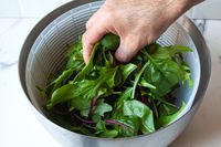 placing greens into the oxo steel salad spinner