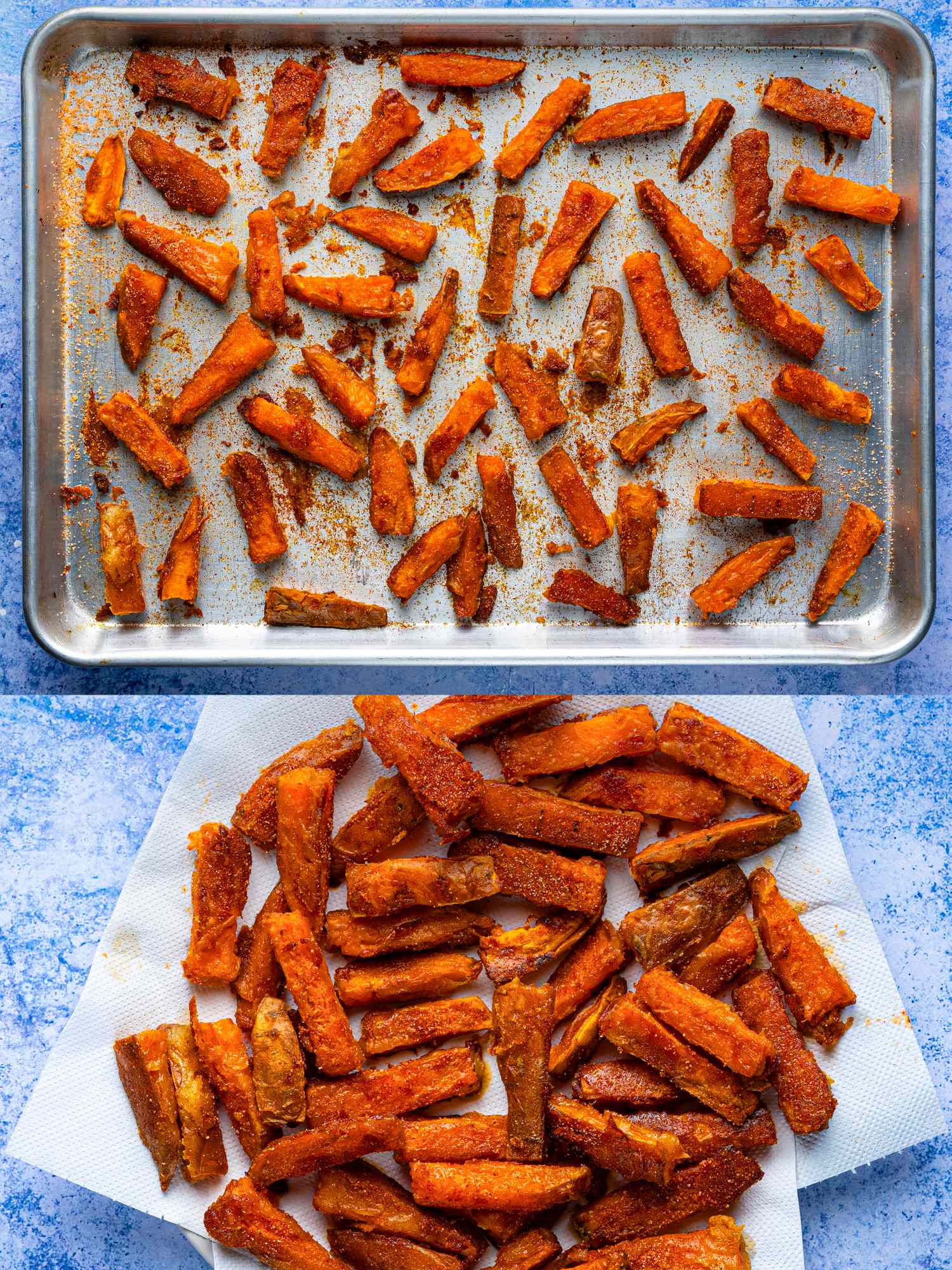 Sweet potato fries freshly ovenbaked displayed on a baking sheet and served on a plate lined with paper towels
