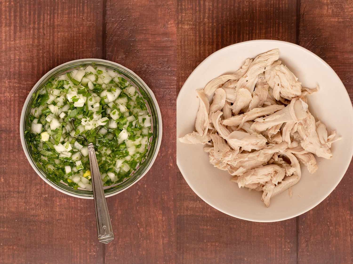 A small bowl of aji, containing onion cilantro, and chile pepper. A bowl of shredded chicken.