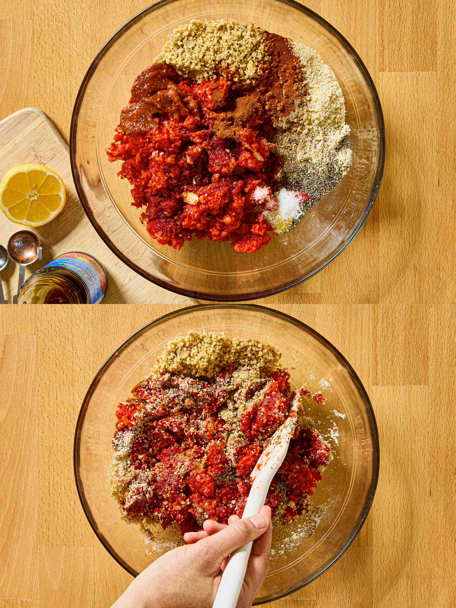 A two-panel image showing the preparation of muhammara in a glass bowl with ingredients and a person mixing them together with a spatula
